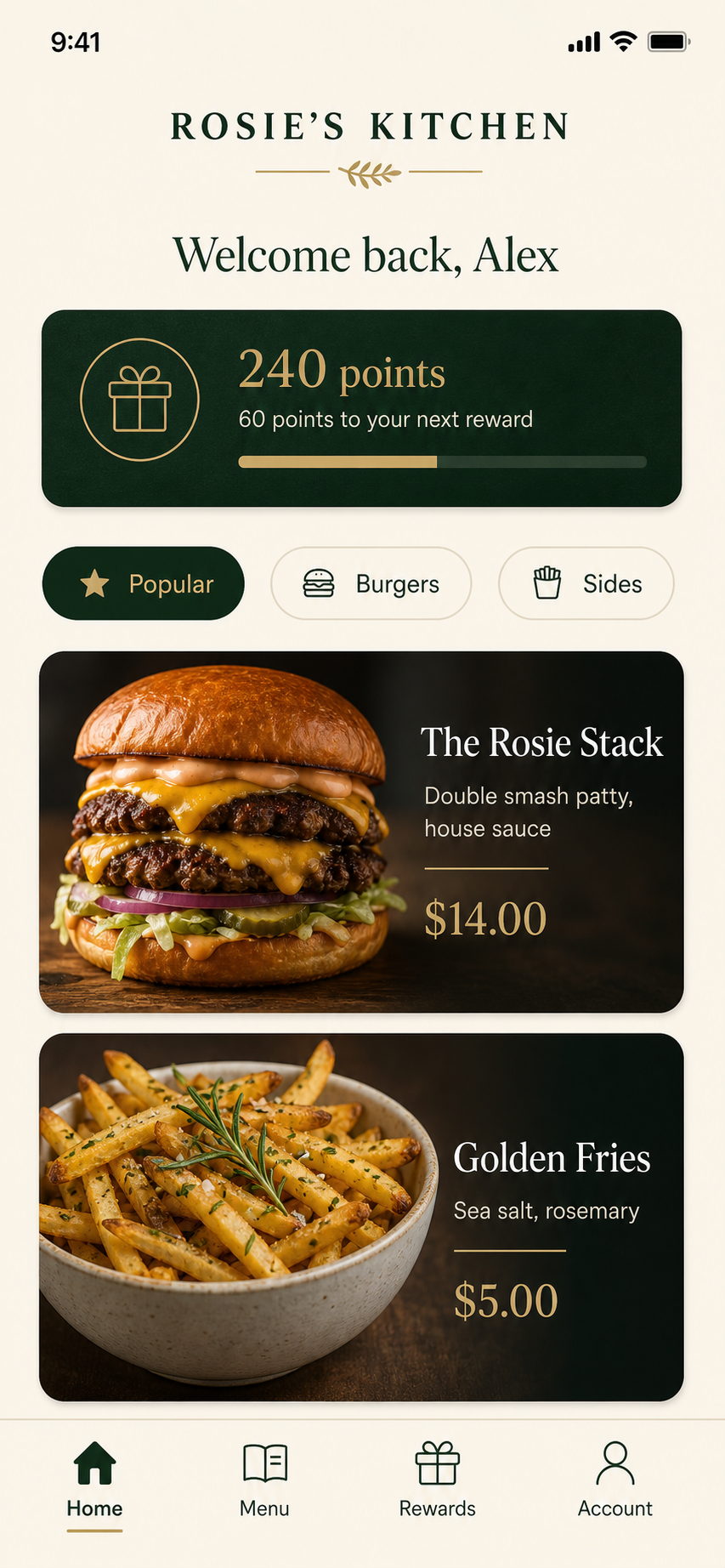 Rosie’s Kitchen mobile ordering app showing rewards, burger and fries menu items